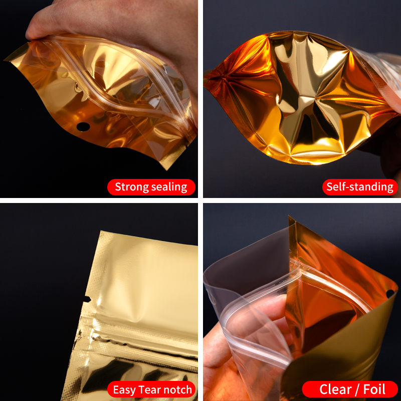 Gold Aluminum Stand up Bag with Clear Front and Ziplock (Packed 50) - Image 5
